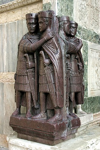 The Roman Empire. Four Tetrarchs (Diocletian second from right). A porphyry sculpture group. Circa AD 300. Sant Mark’s Basilica, Venice, Italy.