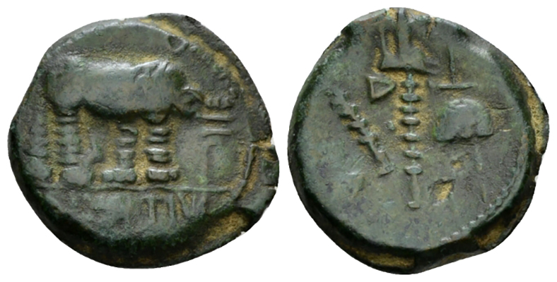 Figure 1. Treveri in the name of A. Hirtius, ca. 45 BC. Bronze, 18.5 mm., 3.56 g. Elephant advancing r., trampling on horned serpent; in exergue, A HIRTIVS. / Simpulum, sprinkler, axe, and apex. Depeyrot, NC VII, 102. De la Tour 9235. Scheers 1977 no. 162. RPC 501. Ex Naville Numismatics 28 (2017), 140.