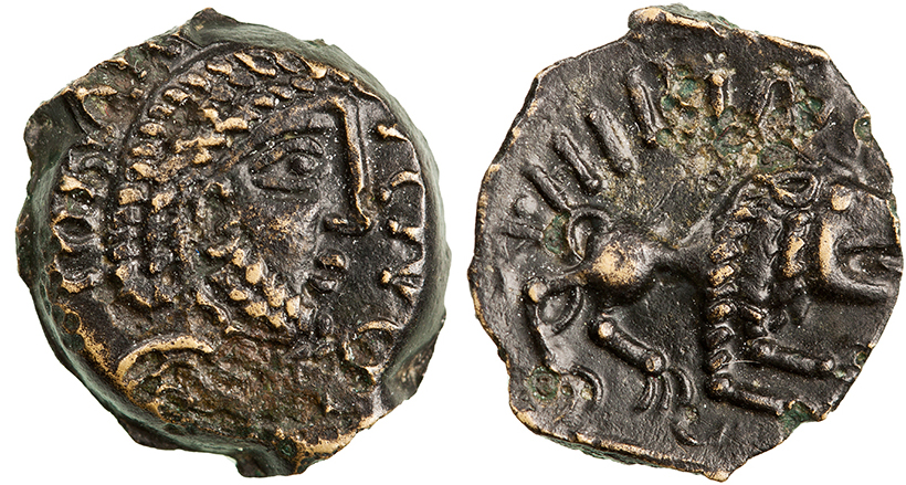 Figure 11. Remi in the name of A. Hirtius, ca. 50–30 BC. Bronze, 16.2 mm, 3.33 g. CORIΛ[RCOS], draped male bust right wearing torques / A • HIR • IMP, lion standing right on ground line. De la Tour 8094. RPC I 503c. Scheers 1977, no.153, class III. ANS 2015.20.404 ex R. B. Witschonke Collection. 