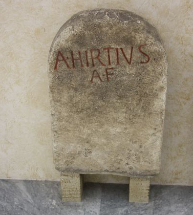 Figure 5. Tombstone of the consul Aulus Hirtius from Roma, Palazzo della Cancelleria. Text: CIL 6. 40899. A(ulus) Hirtius / A(uli) f(ilius). It was found under the northwestern corner of Palazzo della Cancelleria in Rome in 1938, now in Palazzo della Cancelleria (Inv. No. 39016). 