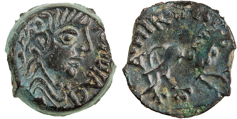 Figure 9. Remi in the name of A. Hirtius, ca. 50–30 BC. Bronze, 14.7 mm, 3.04 g. ΑΘΙΙDIAC, draped male bust right wearing torques/ A • HIR • IMP, lion standing right on ground line. De la Tour 8086. RPC I 503a. Scheers 1977, no.153, class I. ANS 2015.20.401 ex R. B. Witschonke Collection.