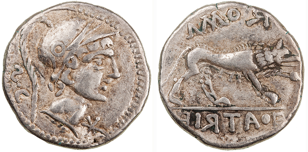 Figure 1: Dacia, after 76 BC. Geto-Dacian imitation (hybrid). Silver denarius. Helmeted head of Mars right; S·C (retrograde) behind, star (*) below chin/ She-wolf standing right with paw raised. Above ROMA (retrograde). In exergue, FoATRIA (retrograde). 16.6 mm. 3.89 g. Davis A, II M58. After RRC 389/1c (O )/ 388/1 (R ). ANS 2015.20.2432 ex R. B. Witschonke Collection.