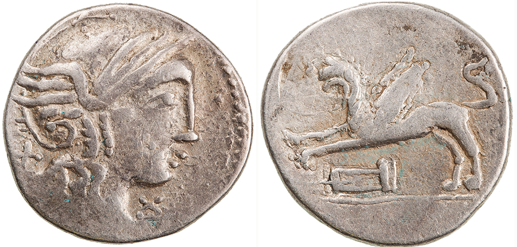 Figure 14: Dacia, after 79 BC. Geto-Dacian imitation (hybrid). Silver denarius. Helmeted head of Roma, right ; behind, X. Border of dots / Griffin leaping left, blundered pan pipes below. 16.9 mm. 3.38 g. Davis A, II M337. After RRC 384/1 (R ), S 773 (R ). ANS 2015.20.2440 ex R. B. Witschonke Collection. Obverse die O2, reverse die R1 in sequence. Part of a die sequence illustrated in Davis 2008.
