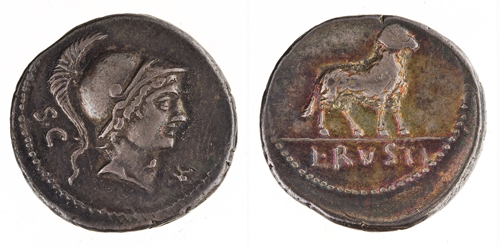 Figure 2: Rome, 76 BC. Lucius Rustius. Silver Denarius. S·C X (crossed). Helmeted head of Minerva right. Border of dots / L·RVSTI - Ram right. Border of dots. 17 mm. 3.85 g. RRC 389/1. ANS 1937.158.133.