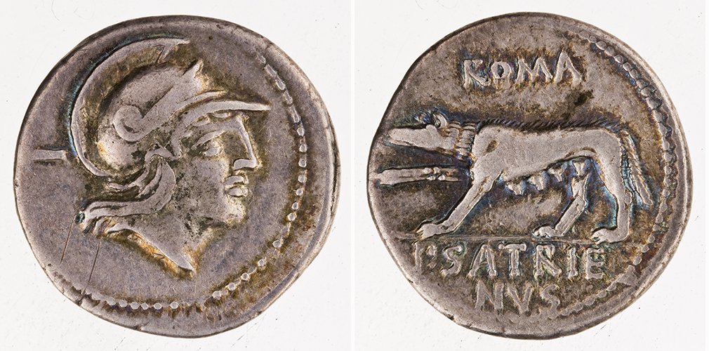 Figure 3: Rome, 77 BC. Publius Satrienus. Silver Denarius.  Helmeted head of Roma right. Border of dots / ROMA P·SATRIE / NVS - She-wolf left. Border of dots. 19 mm. 3.84 g. RRC 388/1b. ANS 2002.46.374.