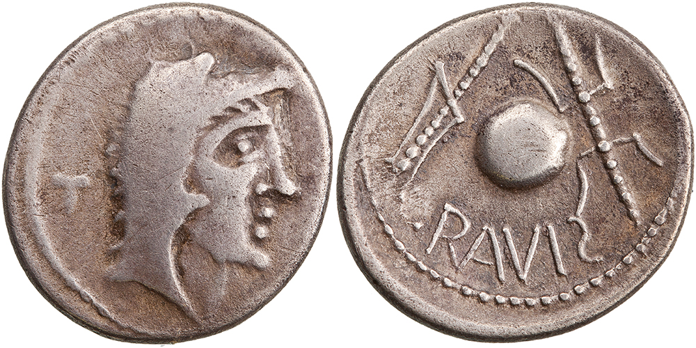 Fig. 6. Eraviscan imitation with the name of the tribe on the reverse. Pannonia, after 76 BC. Eravisci. Silver Denarius. Head of Juno Sospita right; behind, T. Border of dots / RAVISC (S retrograde): Sceptre with wreath, globe and rudder. Below, legend. Border of dots. 16 mm. 3.05 g. Davis B II.E7a. Freeman 11(8/c). After RRC 384/1 (O)/ 393/1 (R). ANS 2015.20.2362 ex R. B. Witschonke Collection.
