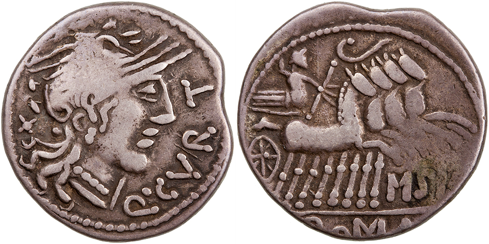 Figure 8: Dacia, after 116 BC. Geto-Dacian copy. Q·CVRT X: Helmeted head of Roma, right; behind, denominational mark. Border of dots / M·SILA: Jupiter in quadriga, right, holding scepter in left hand and hurling thunderbolt with right hand. 18.3 mm. 4.3 g. Davis AIb C26. After RRC 285/2. ANS 2015.20.2306 ex R. B. Witschonke Collection.