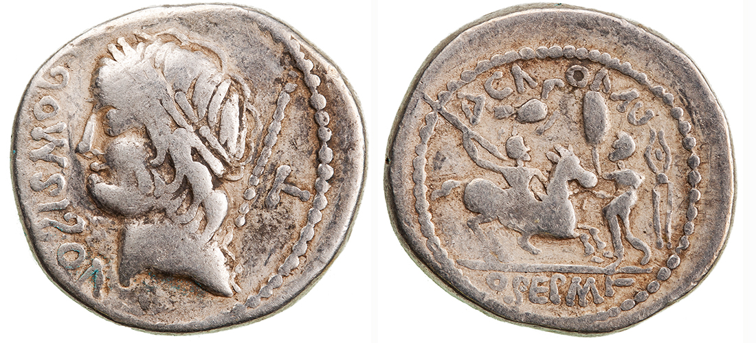 Figure 9: Dacia, after 55 BC. Geto-Dacian imitation (hybrid). Silver denarius. Laureate head of Saturn left; T behind, VOS (retrograde)ISMOJ (retrograde)before / Warrior on horseback galloping right, thrusting spear downwards at kneeling enemy in Gallic helmet, who holds sword and shield; to lower left, another enemy warrior, kneeling right; Gallic helmet and shield to lower right, ΔCΛ above. In exergue, oPEPMΓ. 16 mm. 3.43 g. Davis A, II M356. After RRC 349/1c or 313/1 (O) / 429/ 1c (R). ANS 2015.20.2419 ex R. B. Witschonke Collection.