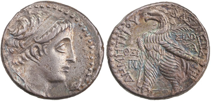 Fig. 8. Seleukid silver tetradrachm of Sidon under Demetrios II Nikator (146-139 BC) with palm branch over eagle’s shoulder. ANS 1944.100.77312.