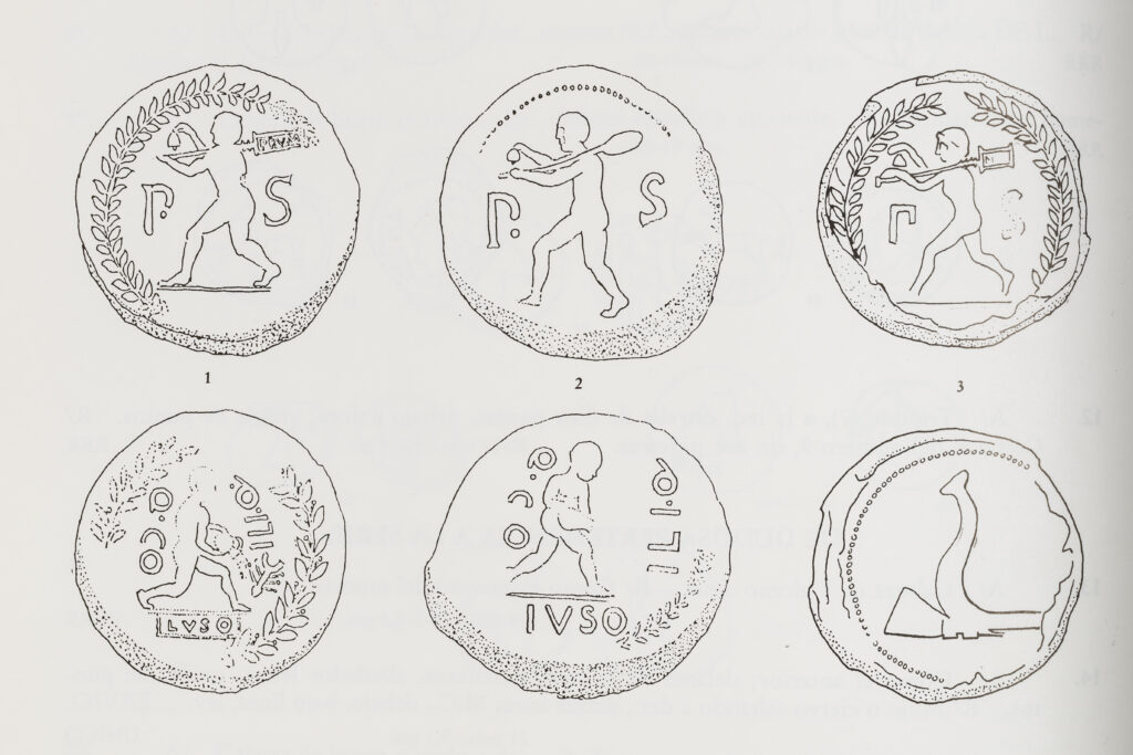 Fig. 3: Tokens from the series de las minas with P · S and man with the “shovel.” Casariego 1987, p. 26, nos. 1–3.