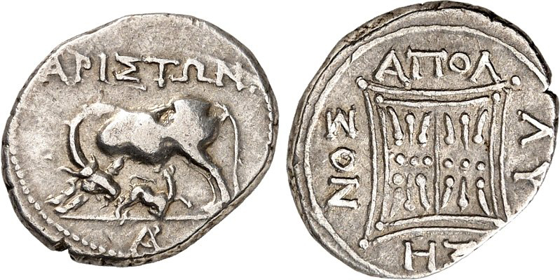 Figure 3. Illyria, Apollonia. Silver drachm. Early second century BC. ΑΡΙΣΤΩΝ. Cow suckling calf left. In exergue, monogram AP/ ΑΠΟΛ - ΛΥ- ΣΗ - NOΣ. Double stellate pattern within double linear square with sides curved inwards. 3.13 g. SNG Cop. 387. Münzzentrum Rheinland 191, 3 June 2020, lot 32.