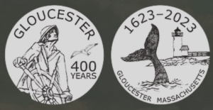 Figure 3. The two semi-finalists from the Gloucester 400 design contest. Top: "Call of the Storm" by Alexis Chipperini. Bottom: "Gloucester: America's Oldest Seaport" by Shannon Wilkins. These will also be struck into medallic form.