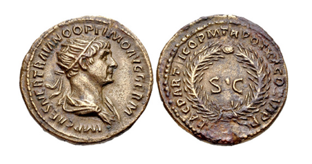 There is no numismatic evidence of the Jewish War of Quietus, 115-117 AD. However, this eastern issue semis of Trajan gives him the title PARTHICO “The Parthian” which refers to his early success against the Parthians during this period. The Jewish Talmud refers to this denomination as a “mismis.” (Image courtesy cngcoins.com)