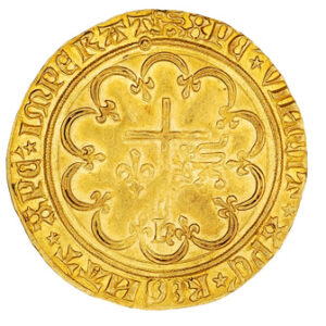 Fig. 4: This salut d'or of France from the Rouen mint was issued in the name of Henry VI of England in his role as the other Henry II of France. ANS 0000.999.32322.
