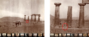 Original and zoomed photo by Agnes Baldwin Brett of the Temple of Apollo in Ancient Corinth.