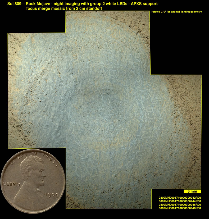 Figure 2. The Martian 1909 VDB cent in action, as included by NASA in this photo released to the public. Without that coin in the image, most individuals would have no frame of reference as to the size of what was shown. (Courtesy NASA/JPL-Caltech/Malin Space Science Systems)