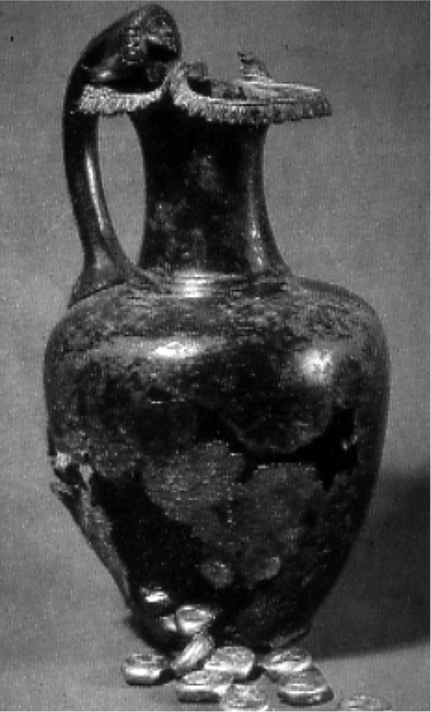 Fig.4. Bronze oinochoe with hoard of electrum cyzicenes. Second quarter of the fifth century BC. Orlovka, Odessa region, Ukraine. (Odessa Archaeological Museum, National Academy of Sciences of Ukraine, Inv. No. 83167). Height, 176 mm.
