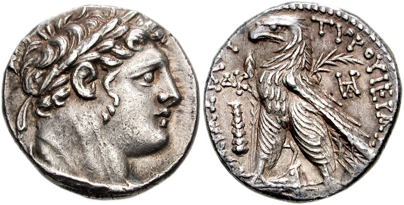 Tyre shekel struck 103/102 BC at Tyre. The obverse depicts the god Melquart, a Tyrian version of Herakles, and the reverse depicts an eagle with a club to left, the club is a mintmark of Tyre. The reverse inscription, in Greek, contains the date, and proclaims, “[money of] Tyre, the Holy and Inviolable.” (photo courtesy cngcoins.com)