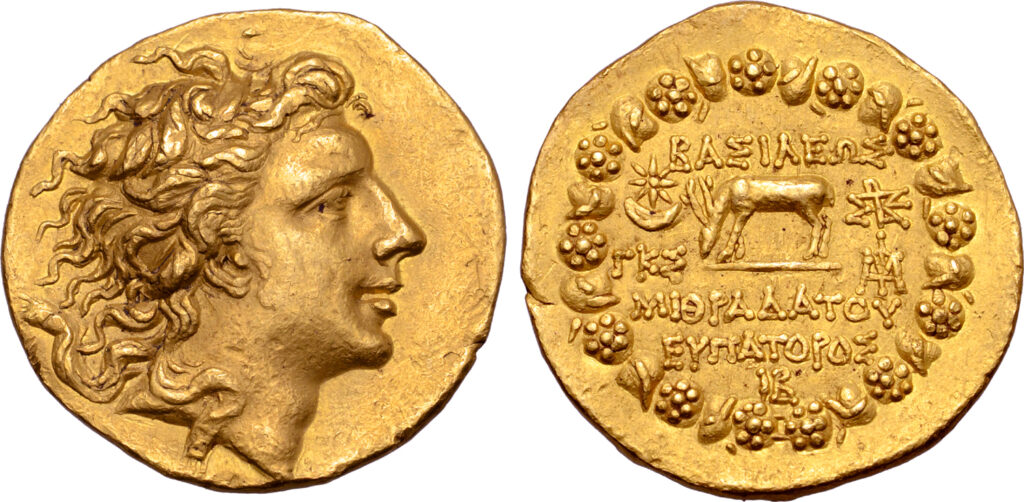 Mysia, Pergamum. Mithridates VI Eupator. Gold stater, dated month 12, year 223