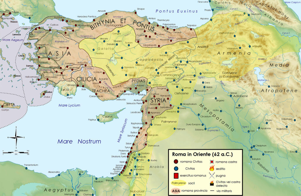 Roman dominions in the Near East in 62 BC during the Third Mithridatic War.