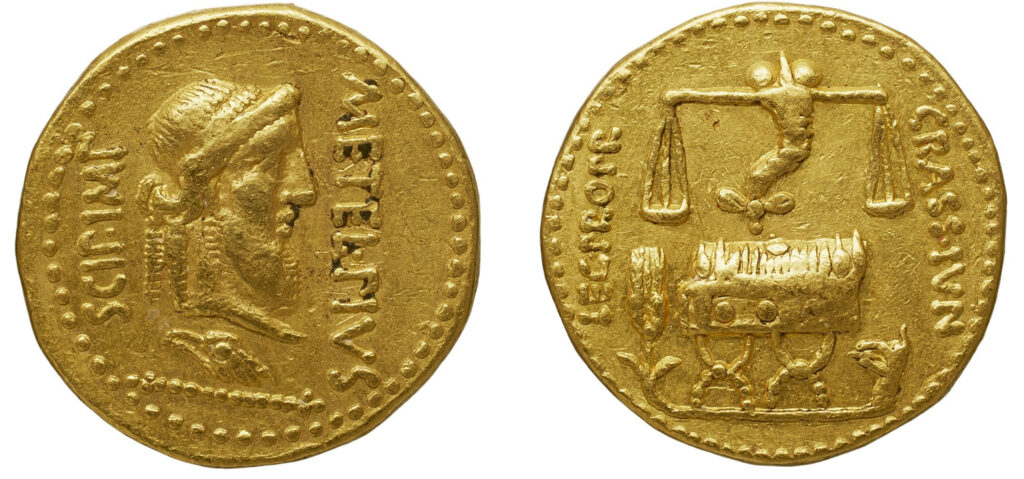 Africa, Uncertain mint. Q. Caecilius Metellus Pius Scipio and P. Licinius Crassus Iunianus Damasippus. Gold Aureus.